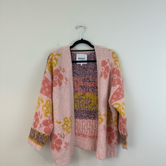 &merci Sweaters - &Merci Colorful Pink Floral Open Cardigan Sweater Oversized Size Small